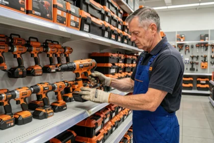 Employé arrangeant des outils de marque Parkside sur un rayon de magasin Lidl