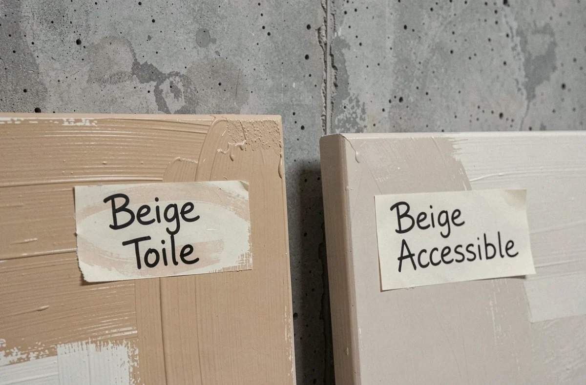 Gros plan de deux panneaux en bois peints côte à côte en beige toile et beige accessible avec des étiquettes manuscrites dans un atelier de design