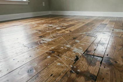 Parquet en chêne très abîmé avec rayures profondes et taches visibles sur le sol d'un salon résidentiel