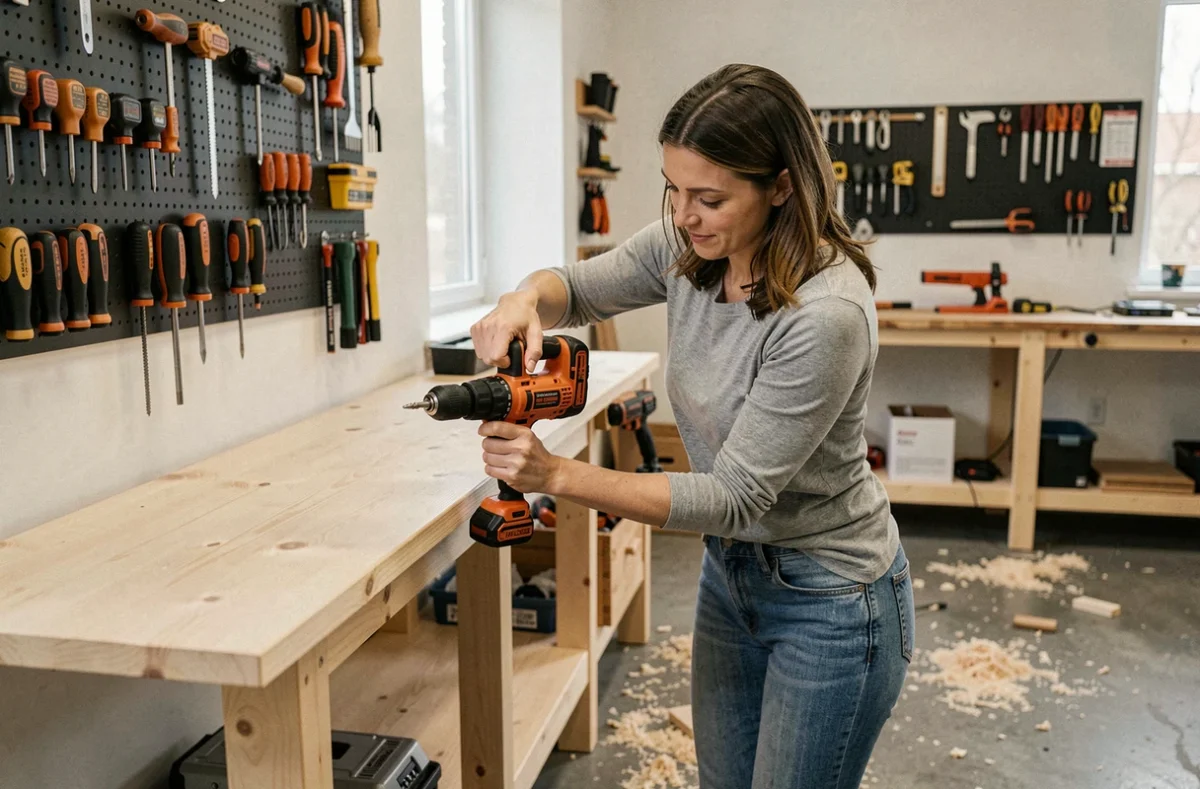 Femme utilisant une perceuse sans fil Parkside de Lidl dans un atelier à domicile