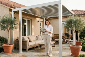 Femme examinant des brochures sous une pergola en aluminium moderne sur une terrasse en pierre naturelle