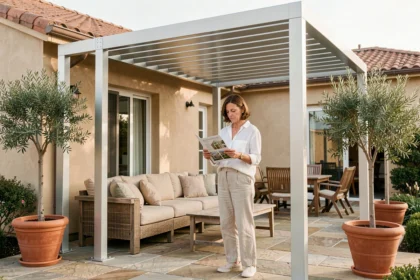 Femme examinant des brochures sous une pergola en aluminium moderne sur une terrasse en pierre naturelle