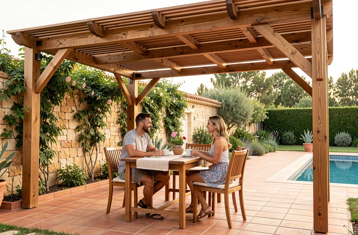 Couple prenant le café sous une pergola bioclimatique en bois avec lamelles orientables dans un jardin méditerranéen