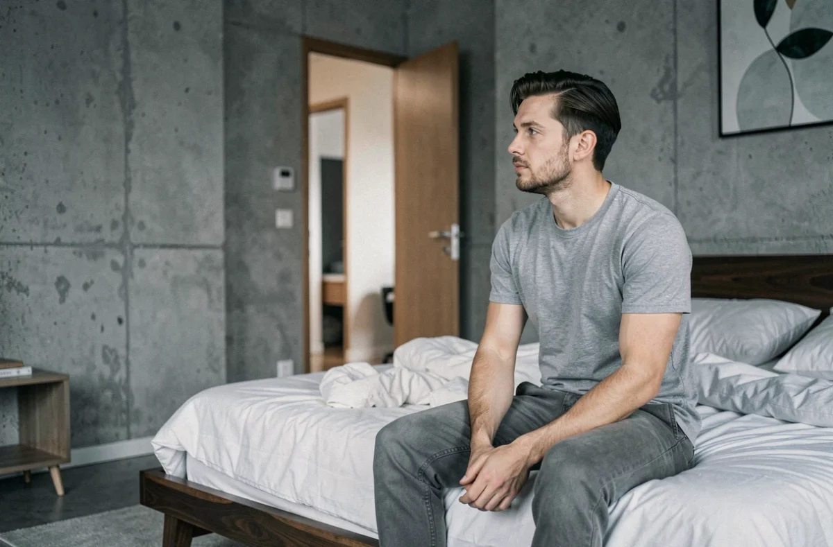 Personne assise sur le bord d'un lit regardant vers la porte ouverte de sa chambre dans un appartement au style scandinave