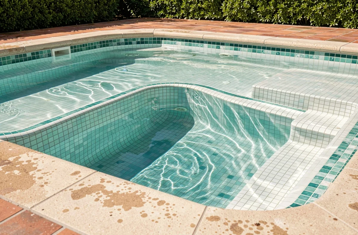 Piscine en béton carrelée avec des mosaïques blanches et turquoise remplie d'eau dans un jardin résidentiel