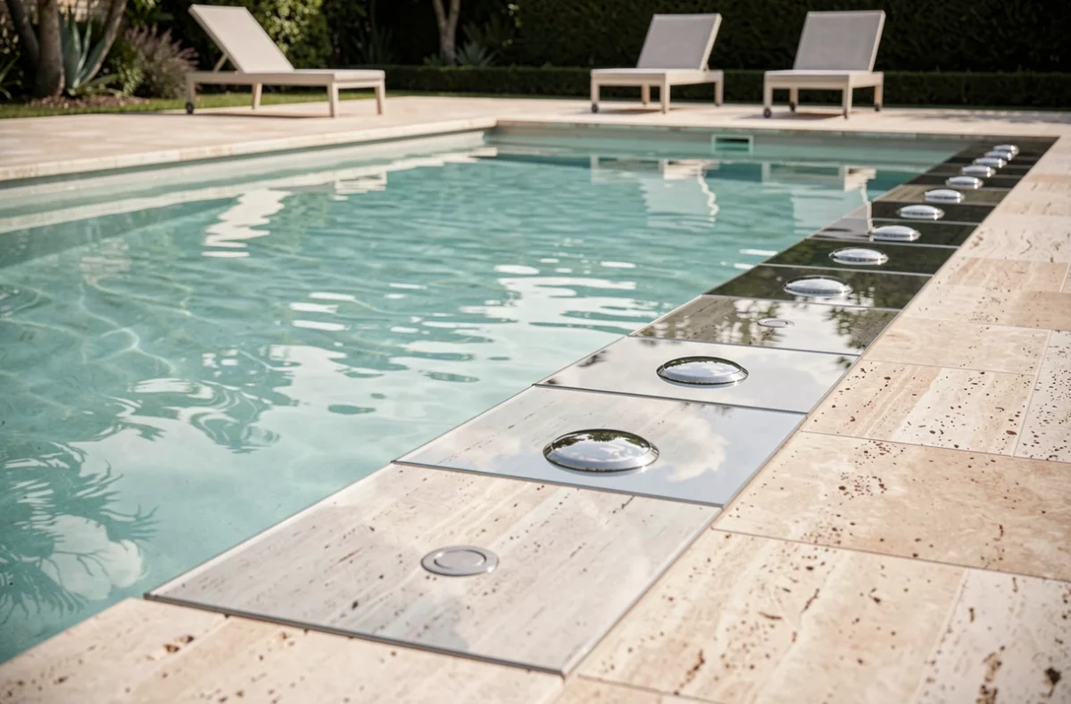 Vue grand angle d'une piscine de luxe avec plusieurs skimmers miroir intégrés au niveau de la ligne d'eau sur un pourtour en travertin