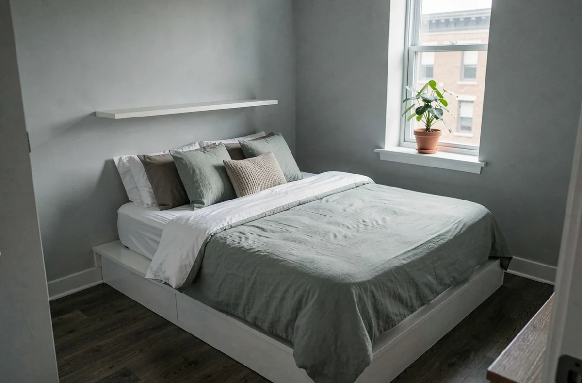 Petit appartement urbain avec lit positionné en angle pour optimiser l'espace dans une chambre compacte