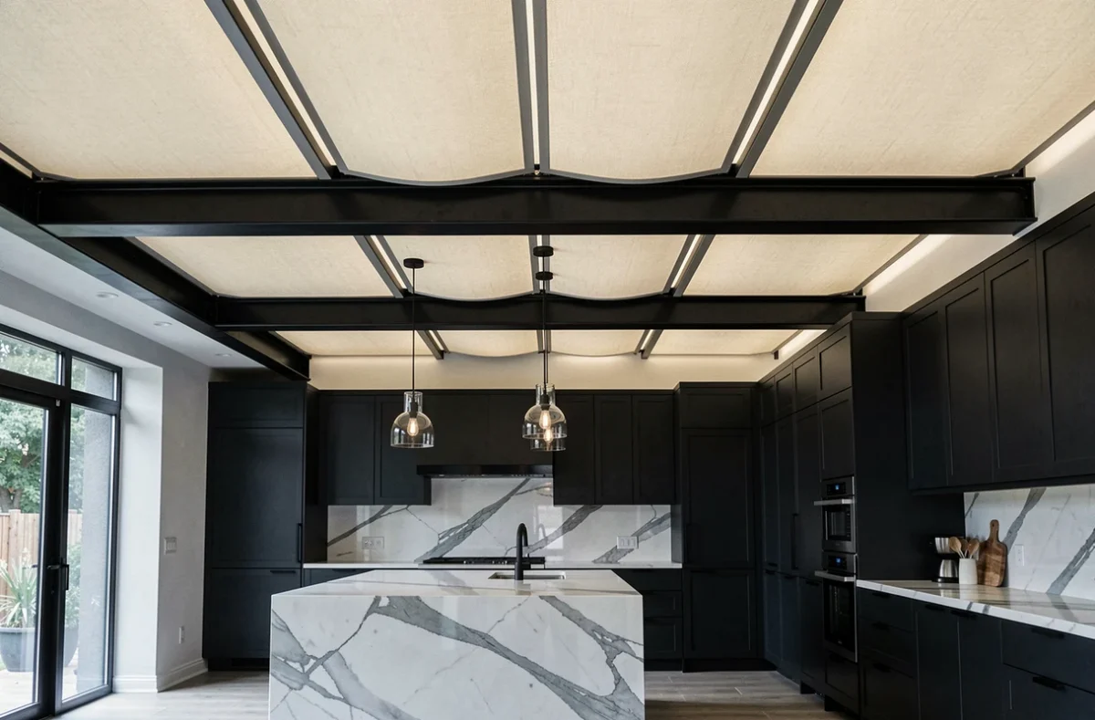 Cuisine contemporaine avec plafond tendu en tissu ivoire et poutres en acier noir style industriel tendance 2026