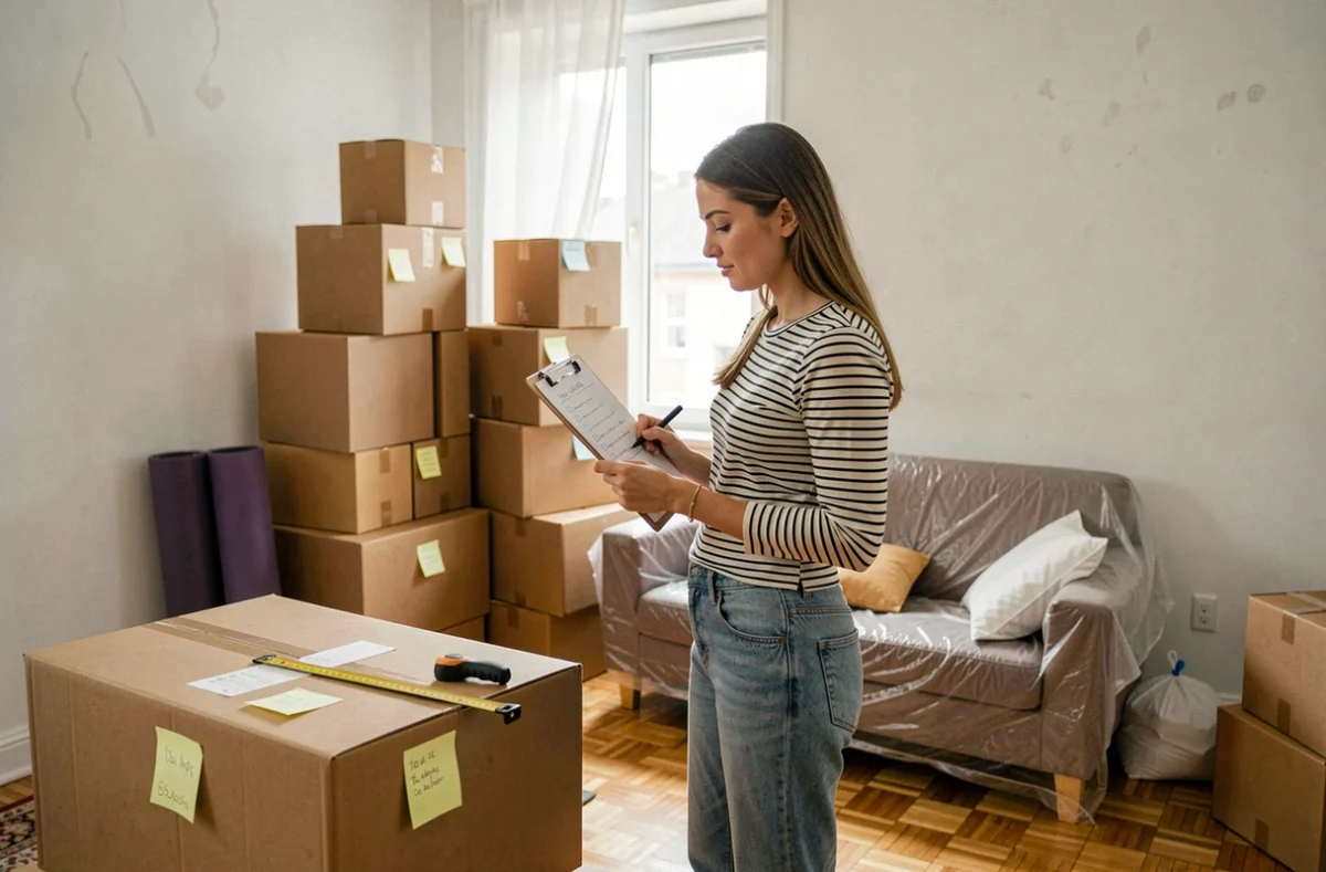 Jeune femme consultant une liste de contrôle entourée de cartons et meubles emballés dans un appartement vide avant un déménagement