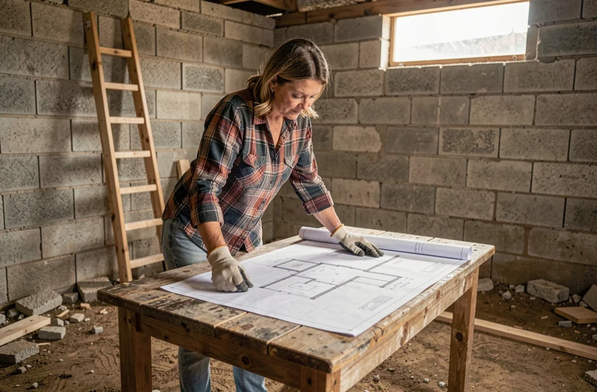 Femme examinant des plans de construction pour l'aménagement d'un sous-sol dans un espace en cours de travaux