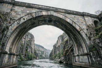 Pont en arc en pierre massif enjambant une gorge fluviale, illustrant la solidité et la durabilité de la construction en maçonnerie ancienne