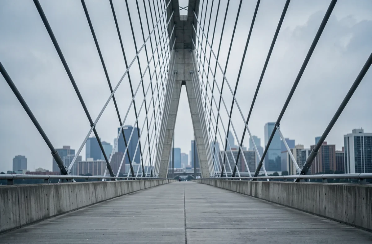 Pont à haubans moderne avec pylône en béton et câbles en acier, représentant les techniques de construction de ponts contemporains les plus résistants