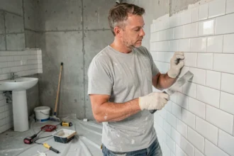 Carreleur appliquant des carreaux blancs sur un mur de salle de bain pour le protéger de l'humidité