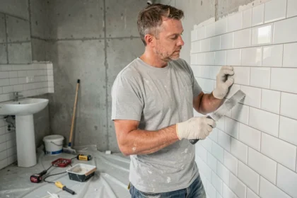 Carreleur appliquant des carreaux blancs sur un mur de salle de bain pour le protéger de l'humidité