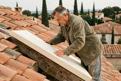 Couvreur installant des panneaux isolants rigides sous des tuiles en terre cuite sur une maison en France, illustrant les matériaux de toiture pour l'isolation