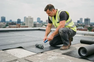 Professionnel appliquant une membrane d'étanchéité sur une toiture-terrasse en béton selon les règles du DTU 43.1