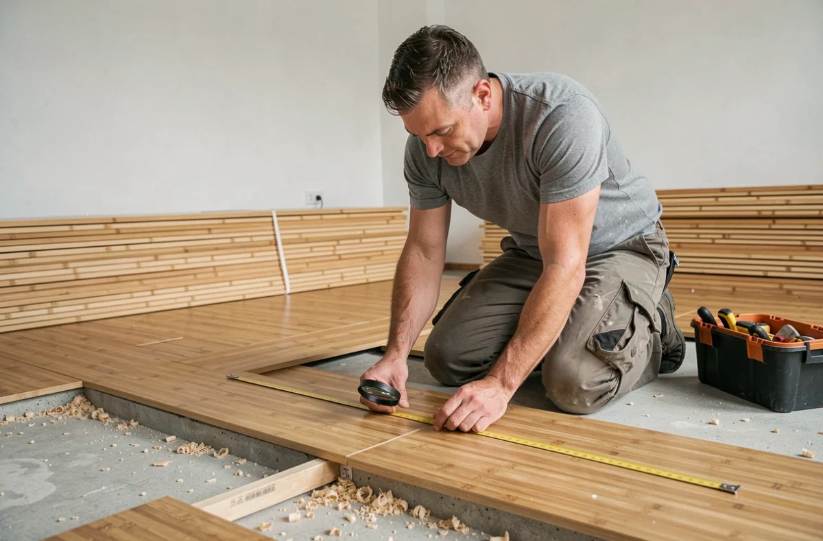 Artisan poseur de parquet inspecte un joint de lame de bambou lors d'une rénovation, illustrant les étapes clés pour garantir la longévité du sol