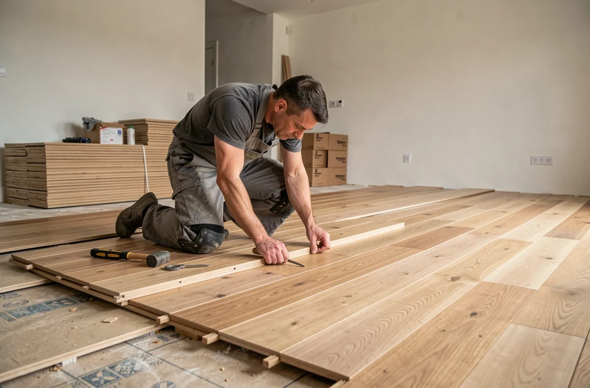 Artisan posant du parquet en chêne dans un appartement en cours de rénovation