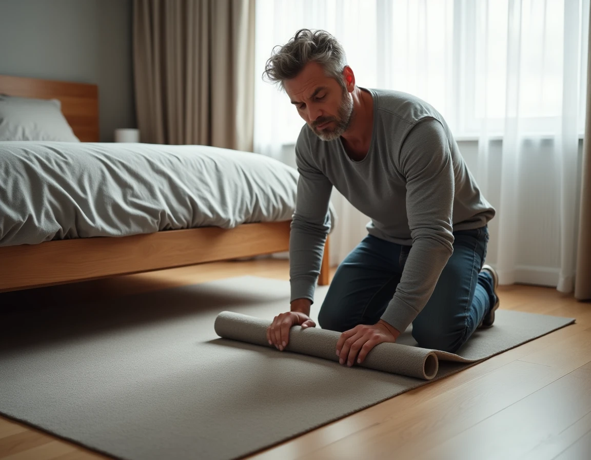 Homme déroulant un sous-tapis antidérapant en caoutchouc sur un sol stratifié dans une chambre à coucher