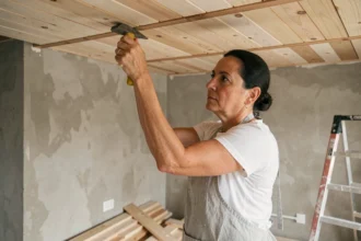 Femme en train de poser des lames de bois au plafond pour camoufler des imperfections dans un intérieur en rénovation
