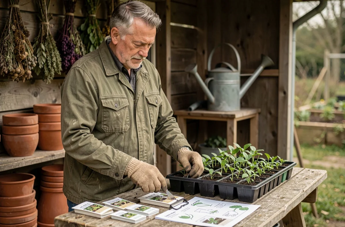 Homme préparant des semis et un plan de plantation pour un petit potager en permaculture devant un abri de jardin