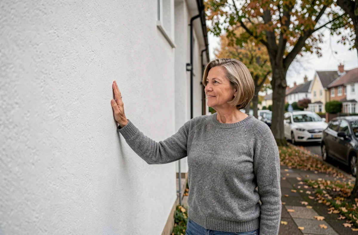 Propriétaire inspectant la finition d'un mur extérieur après la pose d'une isolation thermique par l'extérieur sur sa maison