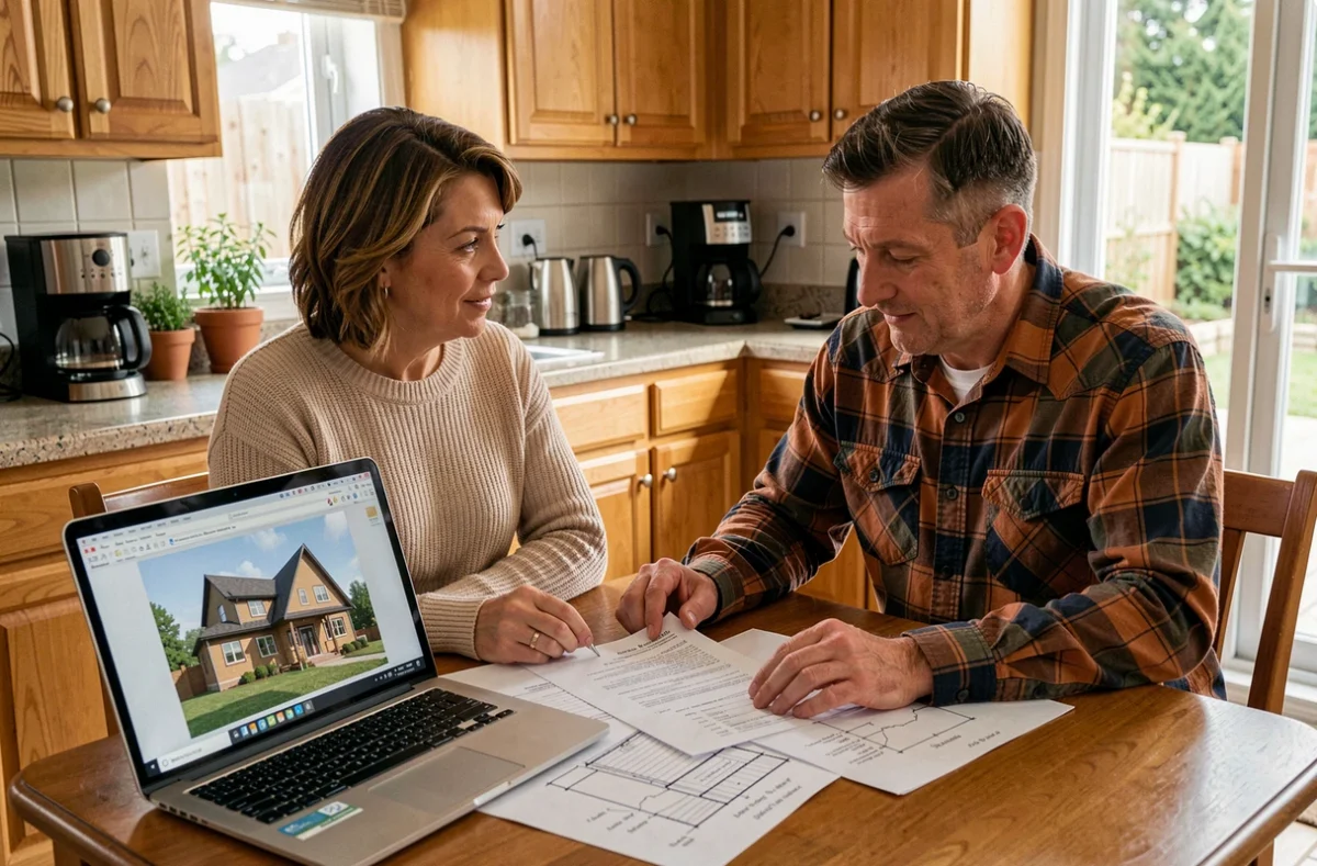 Couple de propriétaires étudiant les plans et permis pour un projet d'extension de leur maison