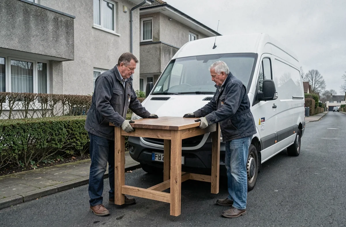 Deux professionnels chargent une table en chêne massif dans un camion lors d'un rachat de meubles à domicile