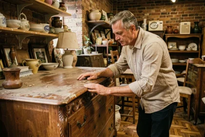 Un homme examine une vieille commode en bois dans une brocante, évaluant sa valeur de rachat