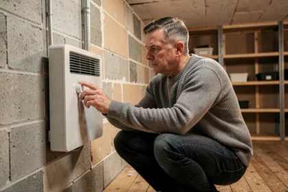 Homme ajustant un radiateur électrique à inertie installé sur un mur en béton dans un sous-sol aménagé