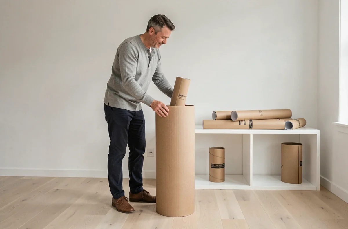 Homme rangeant des affiches enroulées dans des tubes de rangement cylindriques dans un salon minimaliste