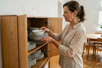 Femme rangeant des assiettes en céramique blanche dans un buffet en chêne clair aux portes ouvertes