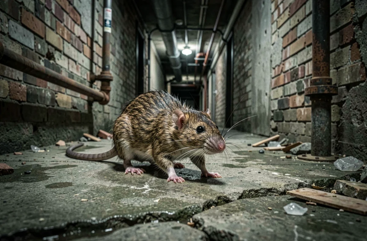 Rat brun figé dans un couloir de sous-sol sombre, posture défensive évoquant une réaction à un son ultrasonique répulsif