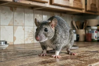 Rat gris méfiant sur un plan de travail en bois dans une cuisine, oreilles aplaties et posture alerte face à un son effrayant