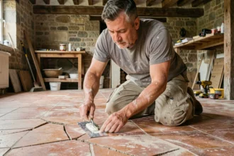 Artisan appliquant un enduit de ragréage sur un ancien sol en carreaux de terre cuite fissuré dans une maison de campagne française