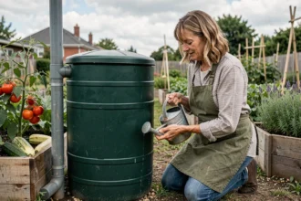Femme remplissant un arrosoir depuis un récupérateur d'eau de pluie dans un jardin potager