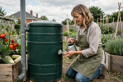 Femme remplissant un arrosoir depuis un récupérateur d'eau de pluie dans un jardin potager