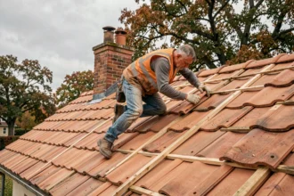 Couvreur posant des tuiles en terre cuite sur une toiture en pente lors de travaux de réfection à moindre coût