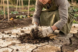 Jardinière amendant un sol sec et appauvri avec du compost pour le régénérer