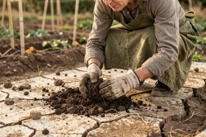 Jardinière amendant un sol sec et appauvri avec du compost pour le régénérer