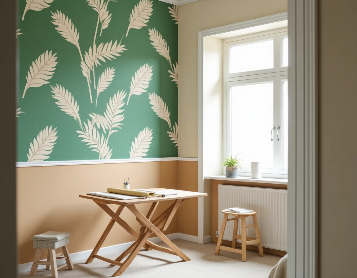 Chambre en cours de rénovation avec un mur accent en papier peint tropical et un second papier peint texturé en cours de pose sur le mur adjacent