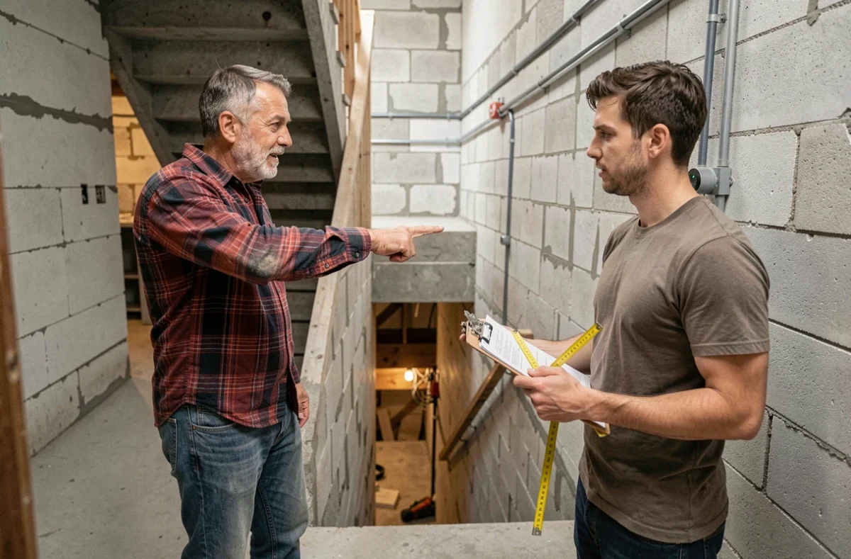 Propriétaire et entrepreneur discutant des travaux d'aménagement d'un sous-sol avant une mise en location