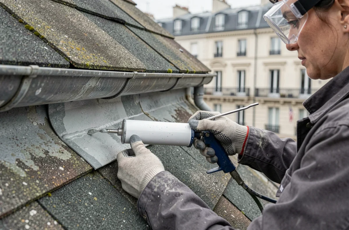 Application de mastic d'étanchéité sur les solins d'une toiture en ardoise pour réparer une fuite à faible coût