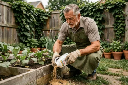 Jardinier appliquant un répulsif naturel en granulés autour d'un potager pour éloigner les écureuils