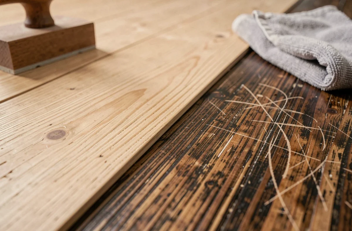 Gros plan sur un parquet en cours de restauration montrant le contraste entre une zone nettoyée et une zone abîmée