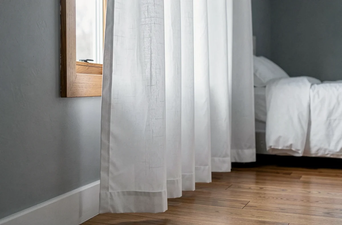 Rideaux blancs en coton effleurant le sol dans une chambre moderne aux murs gris