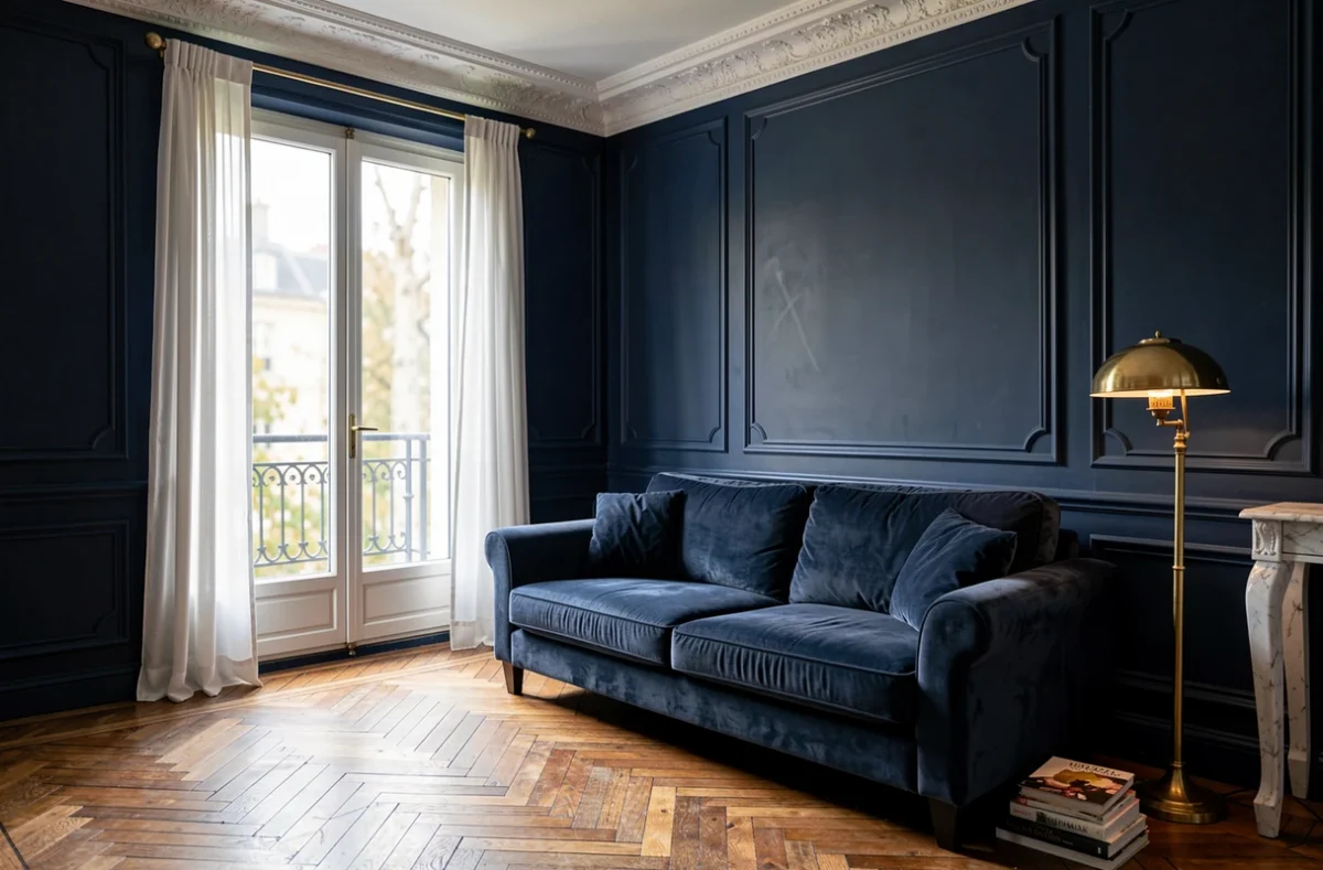 Salon parisien classique aux murs bleu marine avec canapé en velours et moulures blanches