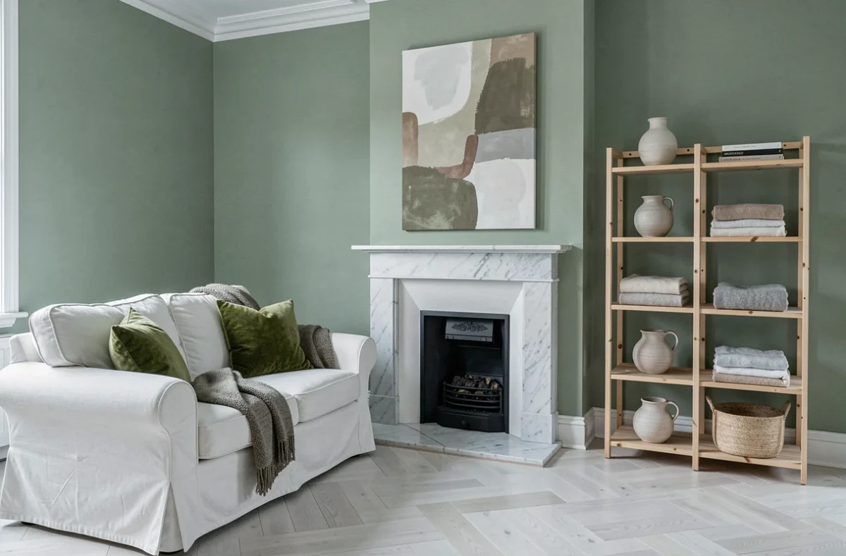 Salon scandinave avec murs vert sauge, canapé blanc et étagère en bouleau décorée de céramiques