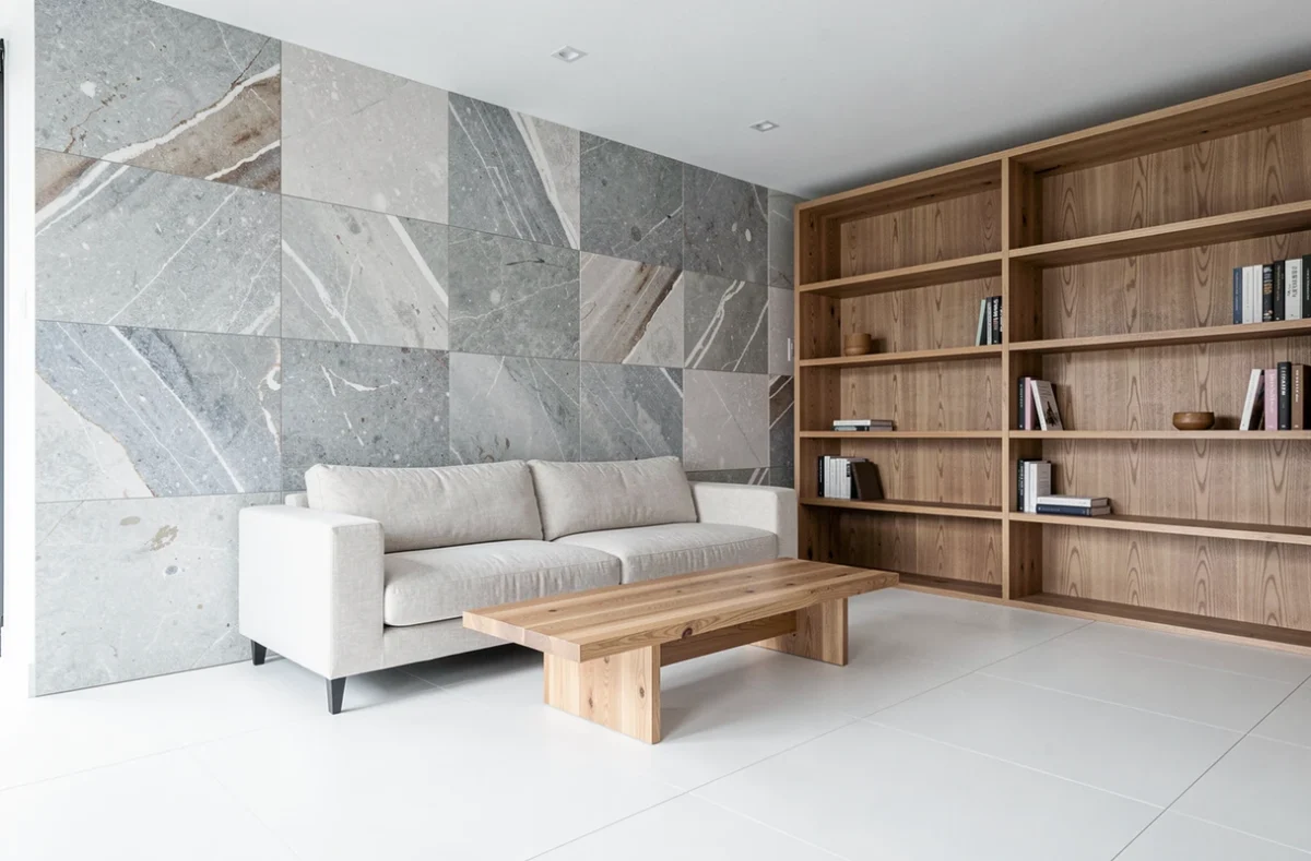 Salon moderne avec mur d'accent en panneaux effet pierre et sol en carrelage grand format