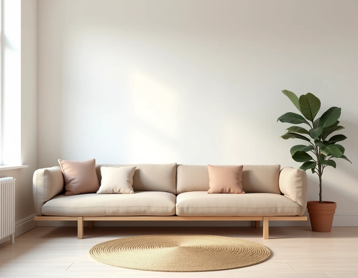 Salon scandinave minimaliste avec murs blanc chaud légèrement rosé, canapé en bouclette et plante verte illustrant une couleur neutre apaisante pour les murs du salon